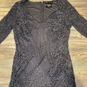 Pisarro Nights Beaded Mesh Column Gown Mid Sleeve Slate Size 8.NWOT. 15